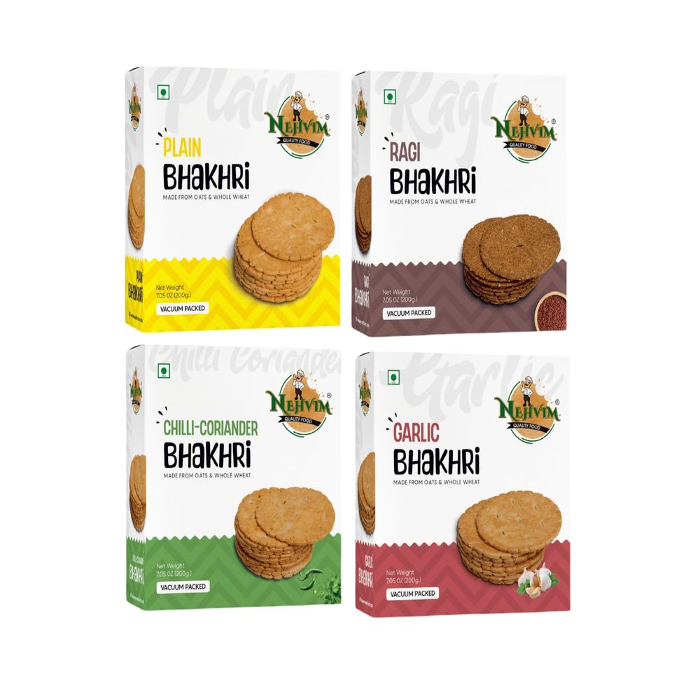 NEHVIM Traditional Freshly Baked Delicious Bhakhri Ideal for Tea Time Snacking, Picnics And Travel Pack Of 4 (Plain, Ragi, Chilli - Coriander, Garlic)