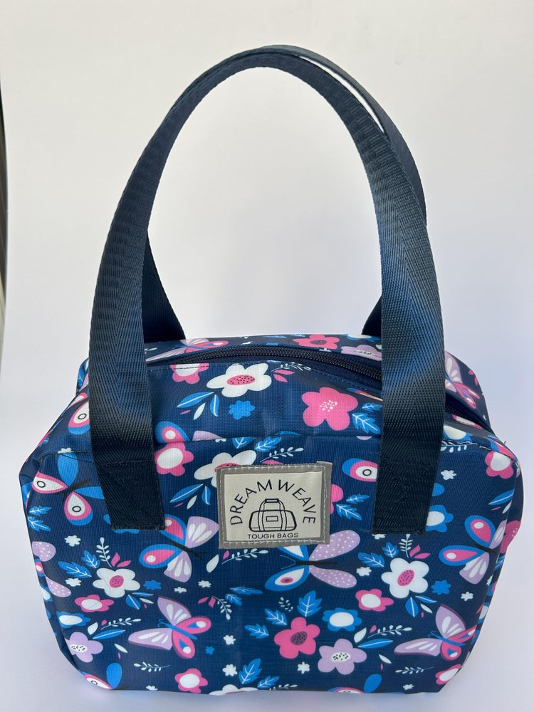 DREAMWEAVE Dream Weave Floral Butterfly Insulated Lunch Tiffin Bag, Navy Blue with Pink Flowers, Double Handle