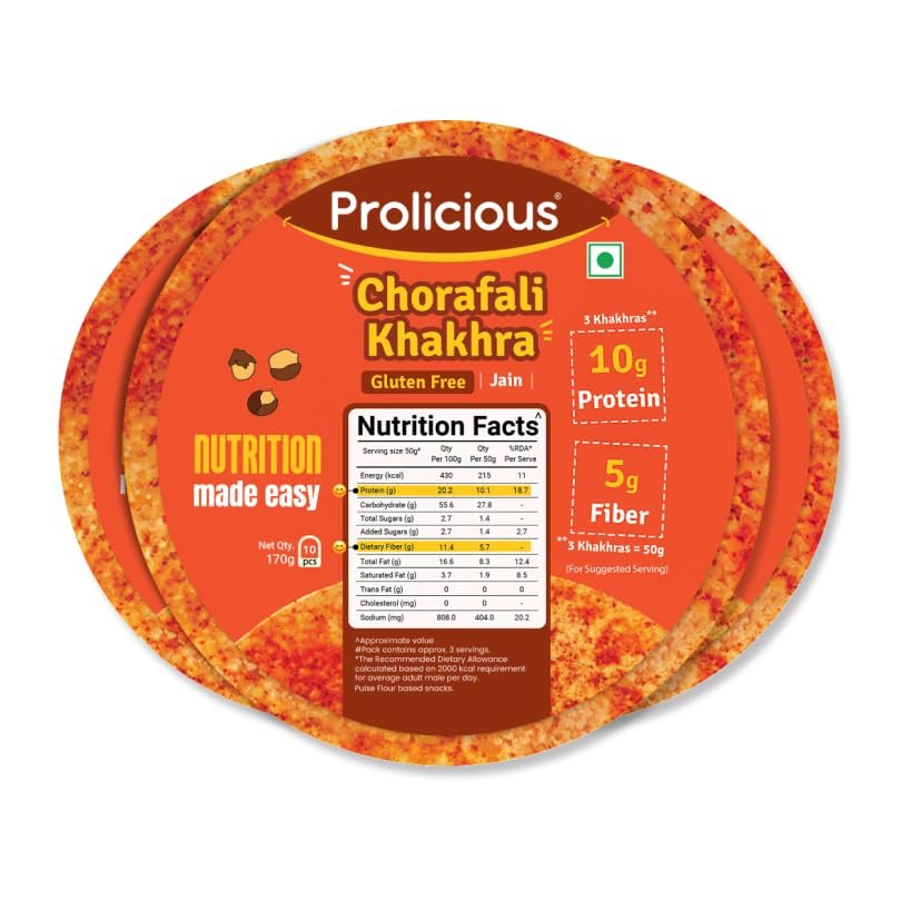 Prolicious High Protein Gluten free Chorafali Khakra | NO Palm Oil | Crispy | Ready to Eat | Flavourful | High Fiber Healthy Anytime Snack ? 170g (Pack of 3)