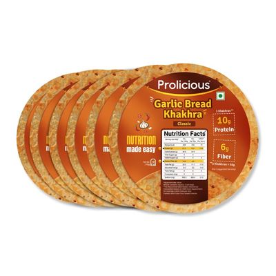 Prolicious 2X Protein Garlic Bread Khakhra | NO Palm Oil | Crispy | Ready to Eat | Flavourful | High Protein Healthy Anytime Snack ?170grams (Pack of 6)