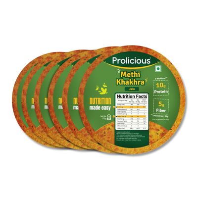 Prolicious Protein Methi Khakra | NO Palm Oil | High Protein & Fiber | Roasted & Crispy | Ready to Eat | Flavourful | Healthy Tea Time Snack | 170Grams (Pack of 6)