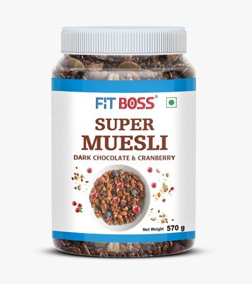 FITBOSS High Protein Muesli 570gm | Dark Chocolate & Cranberry|Source of fiber| Breakfast Cereal
