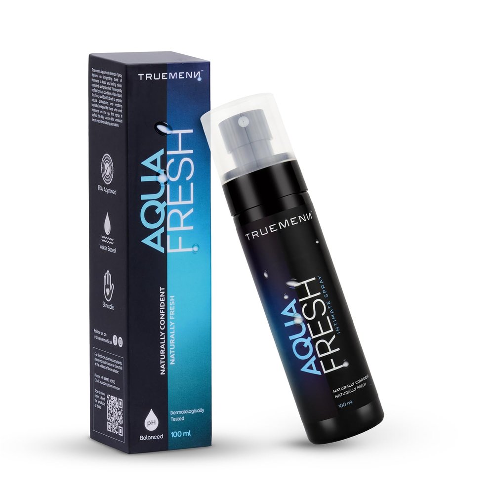 Truemenn Aqua Fresh Intimate Spray for Men pH Balanced, Anti-Bacterial, Anti-Itch, Anti-Odour | with Aloe Vera & Tea Tree | Dermatologically Tested, 100 ml