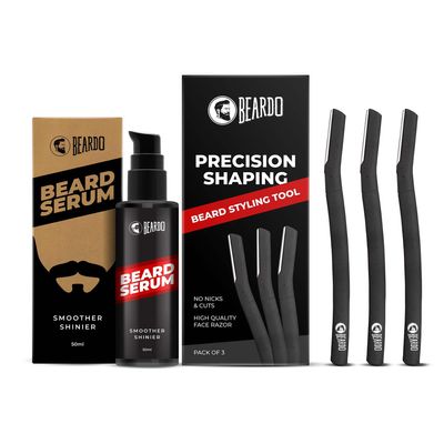 Beard Serum 50ml & Styling Tool for Men | Softens and Smoothens Rough Beard | Gives Healthy look to Beard | Shiny and Nourished Beard | Reusable Razor | Sharp, Safe & Precise Shaping Razor for Men- Set of 2