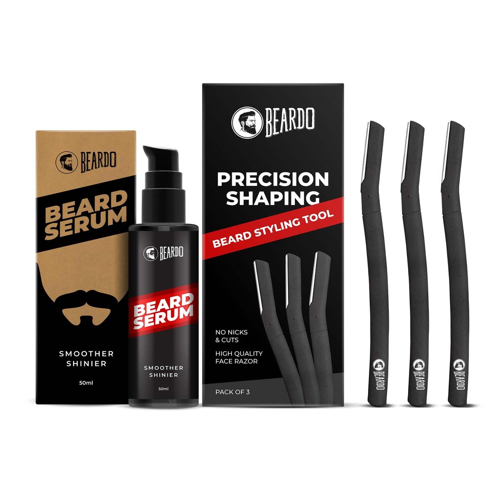 Beard Serum 50ml & Styling Tool for Men | Softens and Smoothens Rough Beard | Gives Healthy look to Beard | Shiny and Nourished Beard | Reusable Razor | Sharp, Safe & Precise Shaping Razor for Men- Set of 2