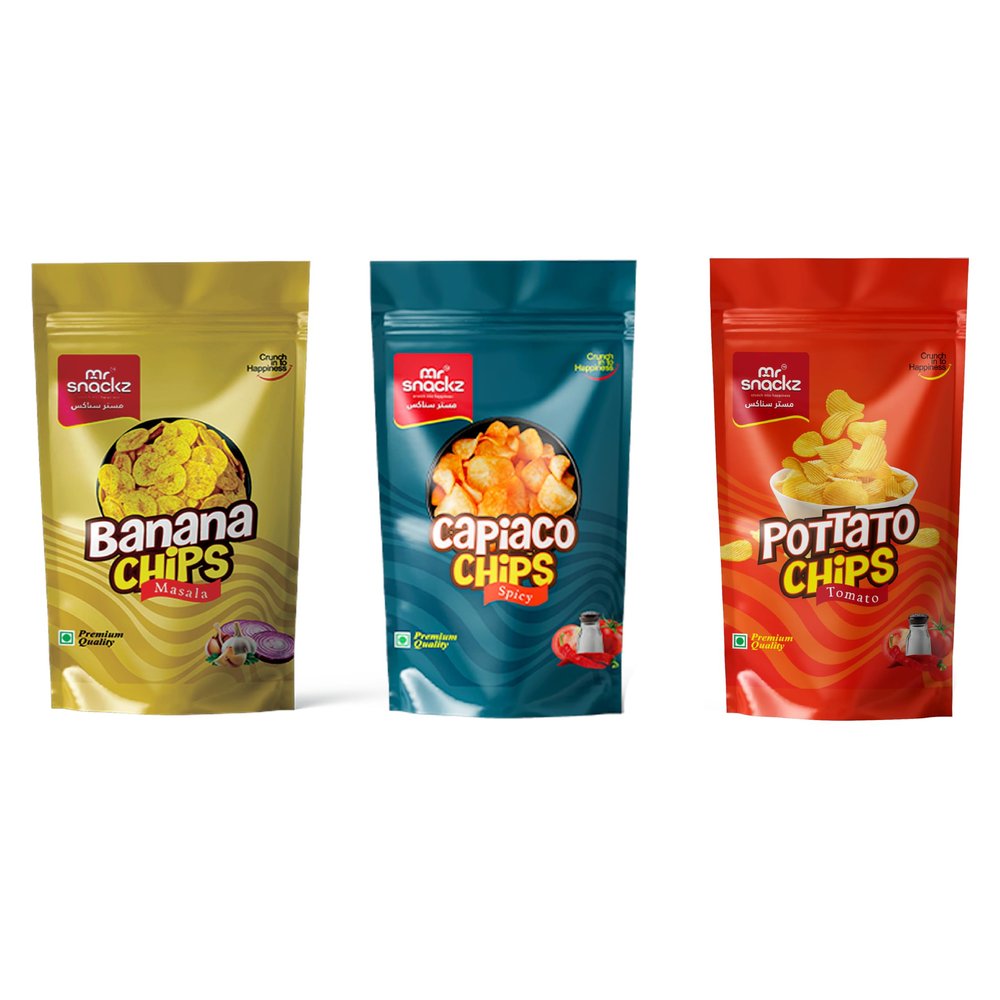 Mr Snackz Combo pack | Nendran Kerala Banana chips | (Cheese Chips, Classic Chips, Masala Chips)| Thin Crunchy Crispy Snack (Pack of 3, Banana Chips Masala, Capiaco Chips, Potato Chips)