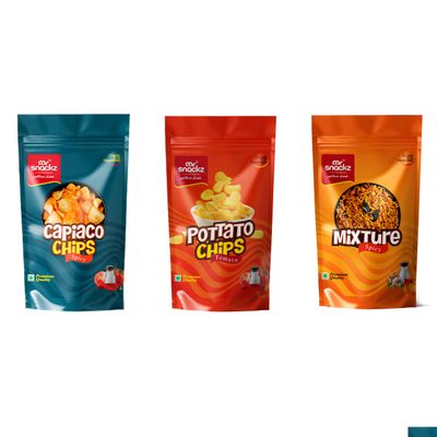 Mr Snackz Combo pack | Nendran Kerala Banana chips | (Cheese Chips, Classic Chips, Masala Chips)| Thin Crunchy Crispy Snack (Pack of 3, Capiaco Chips, Potato Chips, Mixture)