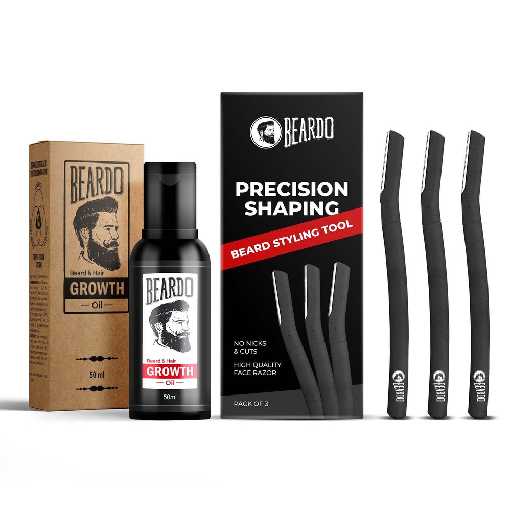Beard Beard and Hair Growth Oil 50ml & Styling Tool Combo| Faster beard growth and thicker looking beard | Beard Styling Razor for Men | Reusable Razor | Sharp, Safe & Precise Shaping Razor for Men - Set of 2