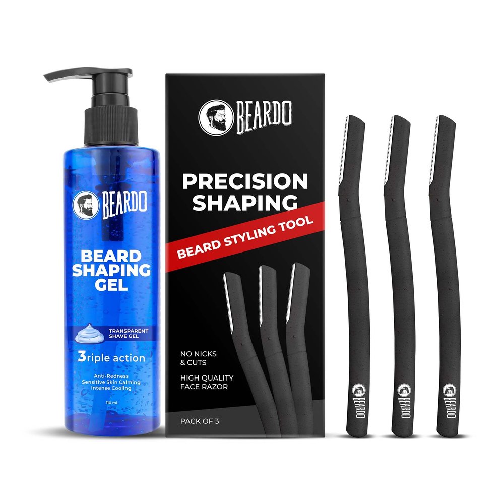 Beard Styling Tool & Beard Shaping Gel 110ml | Shaving gel with Anti-Redness, Calming, Intense Cooling | Suitable for Sensitive Skin | Reusable Razor | Sharp, Safe & Precise Shaping Razor for Men | Set of 2