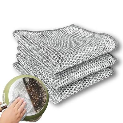 G 1 Steel Wire Mesh Cleaning Cloths, 20 x 20 cm, Set of 3, Silver, Heavy-Duty Scouring Pads for Stain Removal