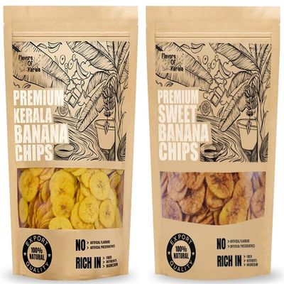 FLAVORS OF KERALA (FOK) Onam Combo | Kerala Banana Chips 150 g & Sweet Ripened Banana Wafers 200 g | Fried in Coconut Oil | Traditional Kerala Snacks