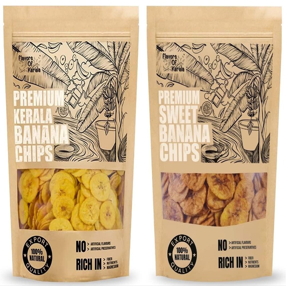 FLAVORS OF KERALA (FOK) Onam Combo | Kerala Banana Chips 150 g & Sweet Ripened Banana Wafers 200 g | Fried in Coconut Oil | Traditional Kerala Snacks