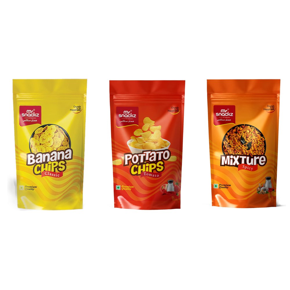 Mr Snackz Combo pack | Nendran Kerala Banana chips | (Cheese Chips, Classic Chips, Masala Chips)| Thin Crunchy Crispy Snack (Pack of 3, Banana Chips Classic, Potato Chips, Mixture)
