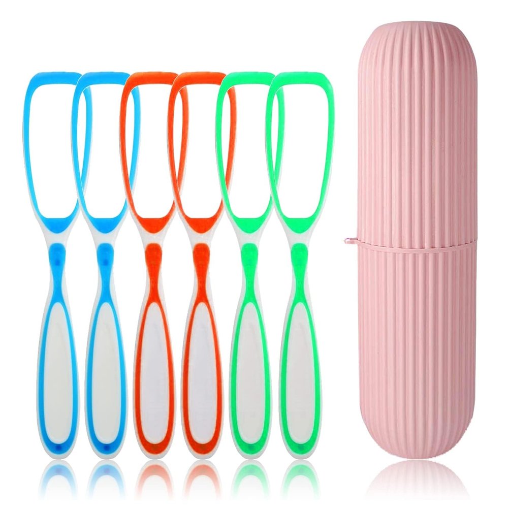 Fealtin 6 Pcs Soft Double Action Tongue Cleaner Scrapper For Kids and Adults With Travel Capsule Plastic Tooth brush paste holder flexible design for health Oral care tool Easy To use Pack of 6