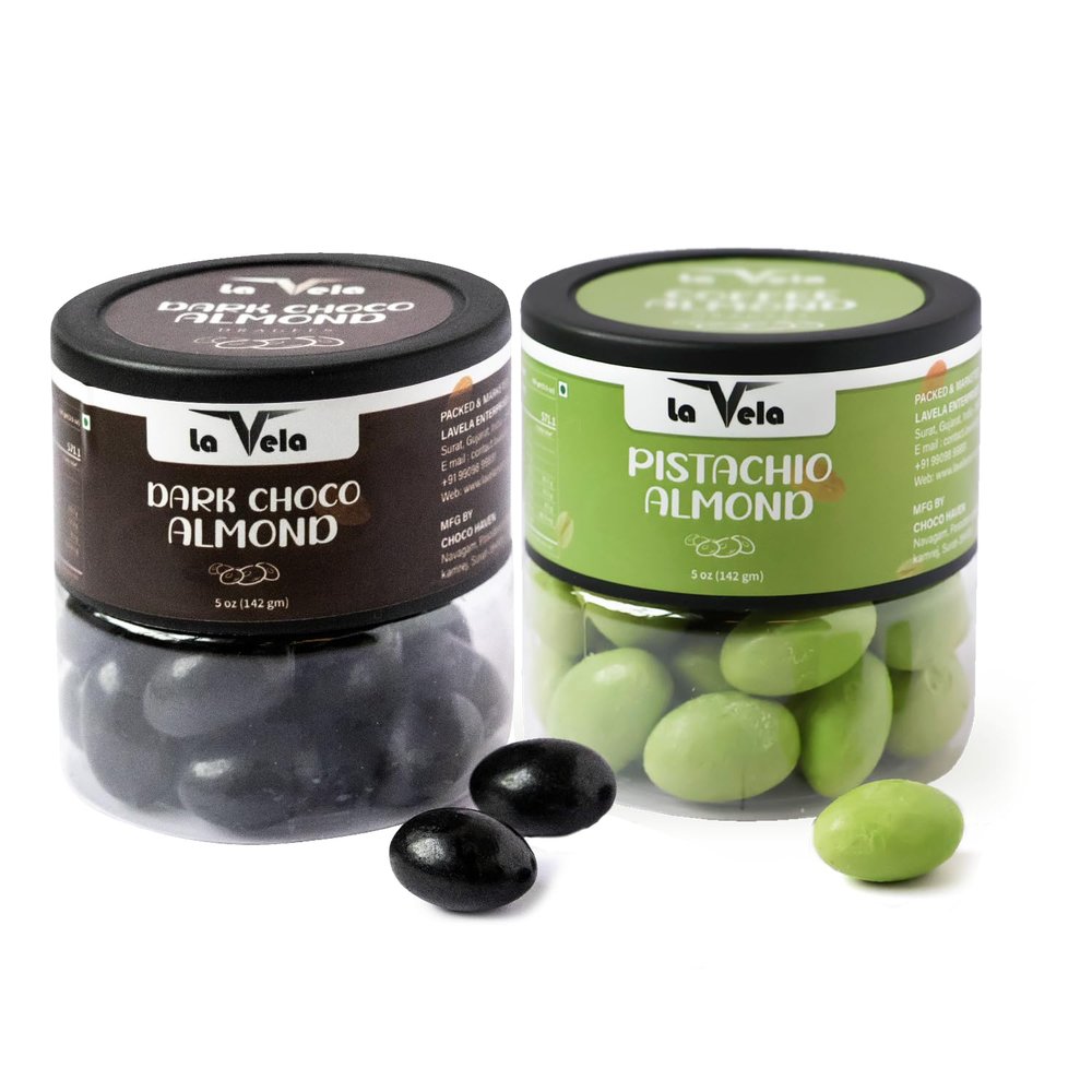 Dark Chocolate & Pistachio Almond Combo Dragies | 142g X 2 Jar | Premium Chocolate Coated Almonds | Natural Pistachio Flavor | Crunchy Dry Fruit Treat | No Artificial Color