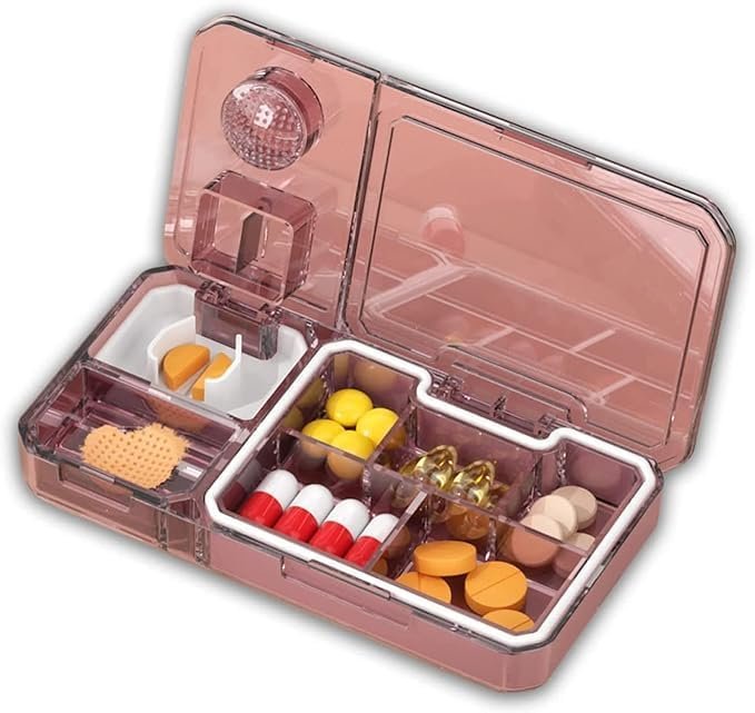 AESTROKE Weekly Pill Organizer Box with Pill Cutter, 12.1x6.9x1.8 cm, Pink, Stainless Steel Blade