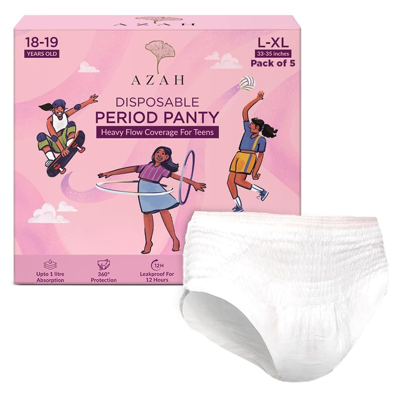 Azah Teen Disposable Period Panty for Girls (L-XL for 1819 Years Old) | Heavy Flow Coverage | 12-Hour Leak Protection | 360 Coverage | Panty-Like Fit | Ideal for School & Overnight Use | Pack of 5