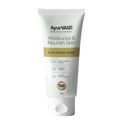 AyurVAID Eladi Keram Cream 50g for Hydration, Even Tone & Repair with 30% Medicine Content, Infused with Cardamom | First & Only Tested Safe for Heavy Metals & Microbial Load