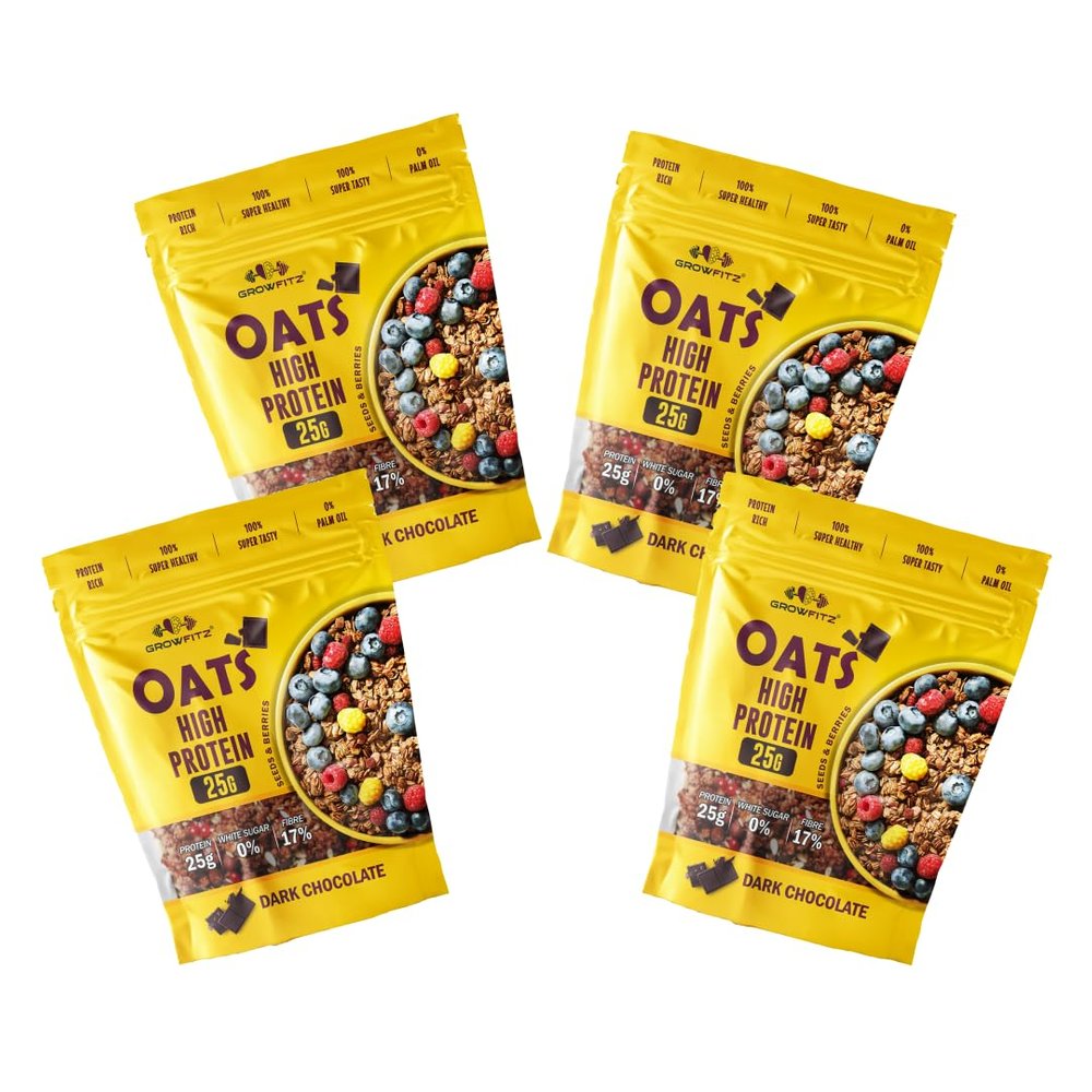 Growfitz 25g High Protein Oats 800 Gram, Pack of 4 | Dark Chocolate Oatmeal | 17g Fiber, No Sugar, With Almonds, Raisin, Pumpkin and Chia Seeds & Healthy Fats | Super Rolled Oats | Breakfast Cereals