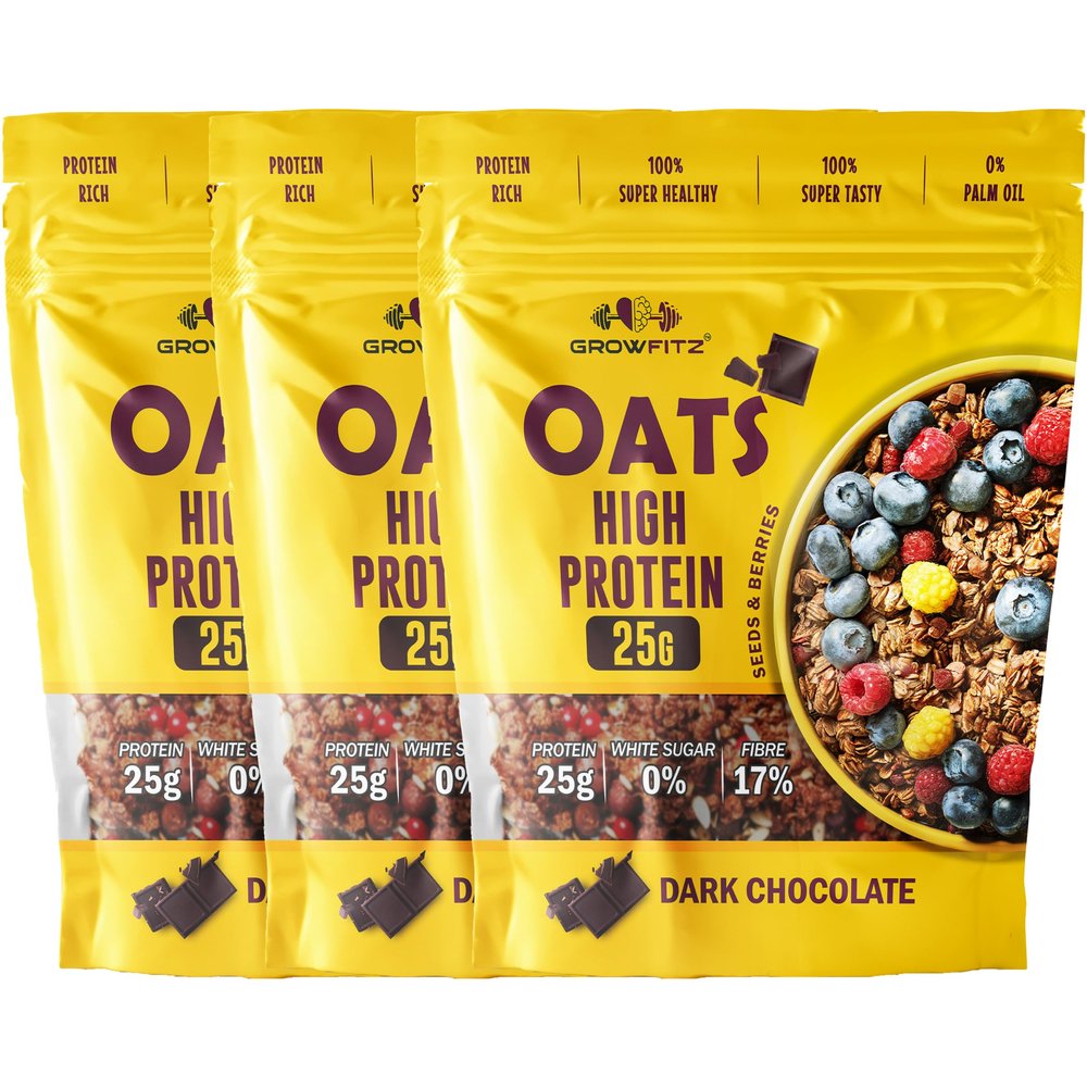 Growfitz 25g High Protein Oats 800 Gram, Pack of 3 | Dark Chocolate Oatmeal | 17g Fiber, No Sugar, With Almonds, Raisin, Pumpkin and Chia Seeds & Healthy Fats | Super Rolled Oats | Breakfast Cereals