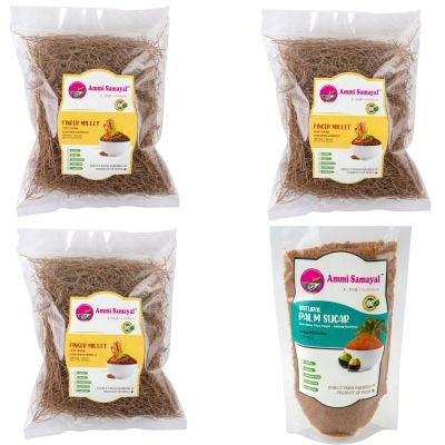 Ammi Samayal Ragi Vermicelli Semia Combo with Palm Sugar & Organic Gud Powder (4 Pack 250g Each) | High Fiber Calcium Iron | Gluten-Free South Indian Healthy Breakfast