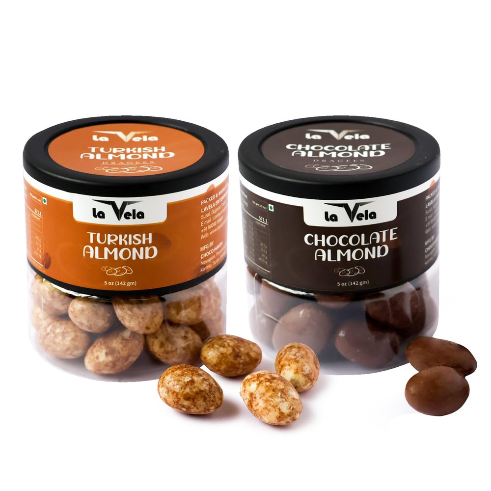la Vela Milk Chocolate & Turkish Coffee Almonds Dragees Combo Pack | 142g X 2 Jar Premium Dry Fruits Nuts | Natural Chocolate Coated | No Artificial Color | Crunchy Gourmet Gift Treat