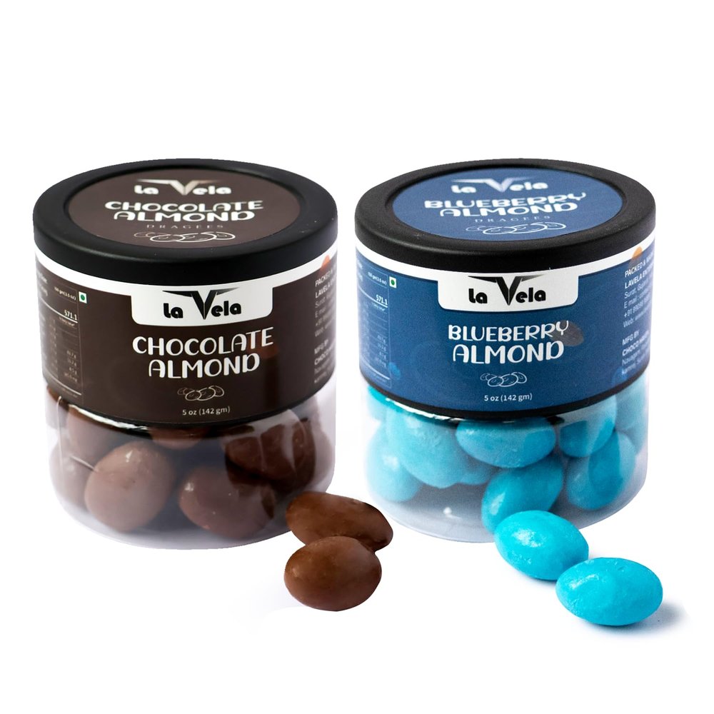 la Vela Dragees | 142g (5oz) Jar | Chocolate Coated Roasted Almonds | Premium Gift Box for Festivals, Birthdays & Special Occasions Combo Pack (284 Gram, Milk Choco & Blueberry)