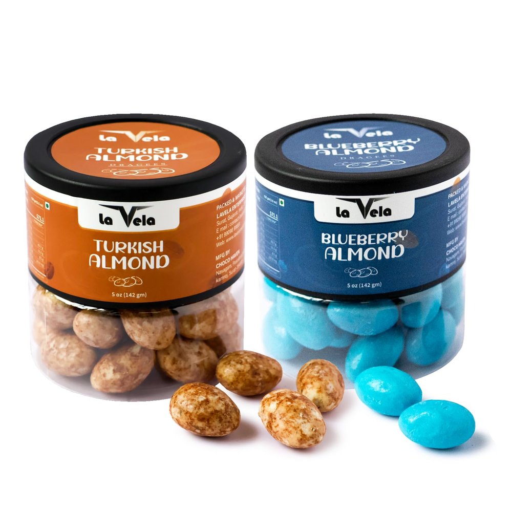 la Vela Dragees | 142g (5oz) Jar | Chocolate Coated Roasted Almonds | Premium Gift Box for Festivals, Birthdays & Special Occasions Combo Pack (284 Gram, Turkish & Blueberry)
