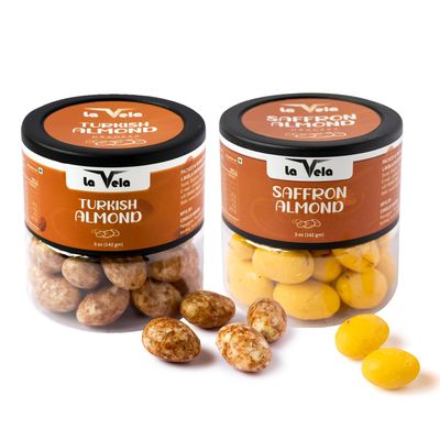 Dragees | 142g (5oz) Jar | Chocolate Coated Roasted Almonds | Gourmet Sweet Treats | Crunchy & Creamy Snack | Premium Gift Box for Festivals, Birthdays & Special Occasions Combo Pack (284 Gram, Saffron & Turkish)