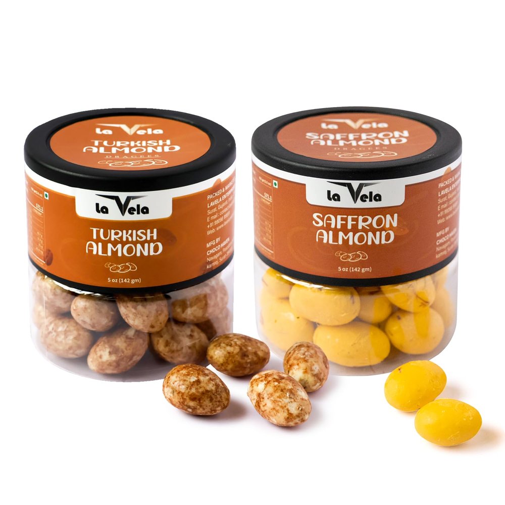 Dragees | 142g (5oz) Jar | Chocolate Coated Roasted Almonds | Gourmet Sweet Treats | Crunchy & Creamy Snack | Premium Gift Box for Festivals, Birthdays & Special Occasions Combo Pack (284 Gram, Saffron & Turkish)