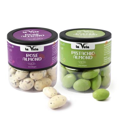 la Vela Dragees | 142g (5oz) Jar | Chocolate Coated Roasted Almonds | Premium Gift Box for Festivals, Birthdays & Special Occasions Combo Pack (284 Gram, Rose & Pista)