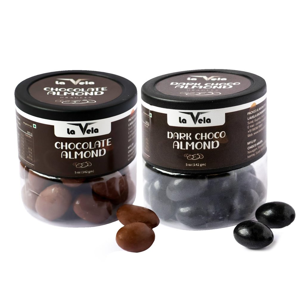 la Vela Dragees | 142g (5oz) Jar | Chocolate Coated Roasted Almonds | Premium Gift Box for Festivals, Birthdays & Special Occasions Combo Pack (284 Gram, Dark & Milk- Chocolate)