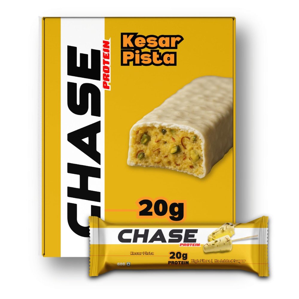 Chase Protein Bar 60g (Pack of 6, Kesar Pista) | 20g Protein | Isolate Whey, No Added Sugar, Low GI & High Fiber | Soft Chew Energy Bar for Muscle Gain, Pre/Post Workout | Healthy Snack for Adults