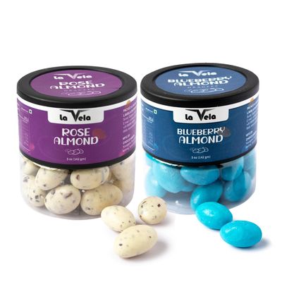 la Vela Dragees | 142g (5oz) Jar | Chocolate Coated Roasted Almonds | Premium Gift Box for Festivals, Birthdays & Special Occasions Combo Pack (284 Gram, Rose & Blueberry)