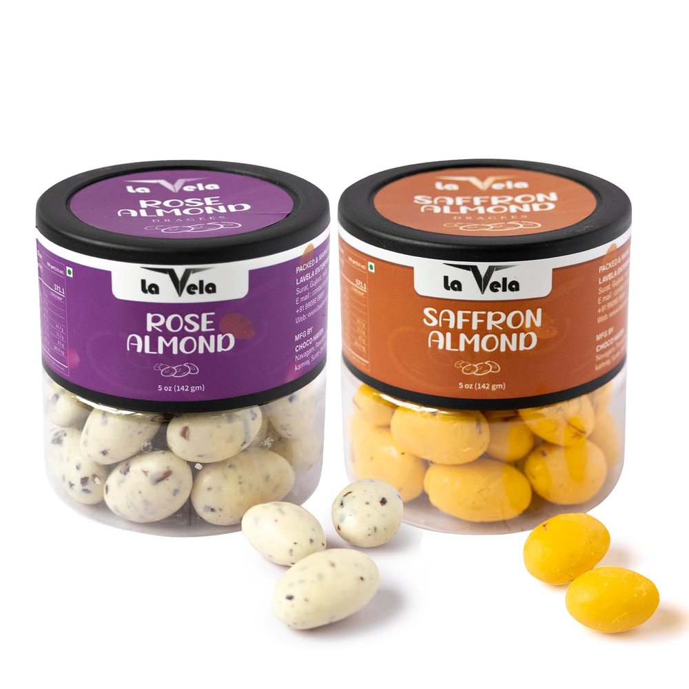 la Vela Dragees | 142g (5oz) Jar | Chocolate Coated Roasted Almonds | Premium Gift Box for Festivals, Birthdays & Special Occasions Combo Pack (284 Gram, Rose & Saffron)