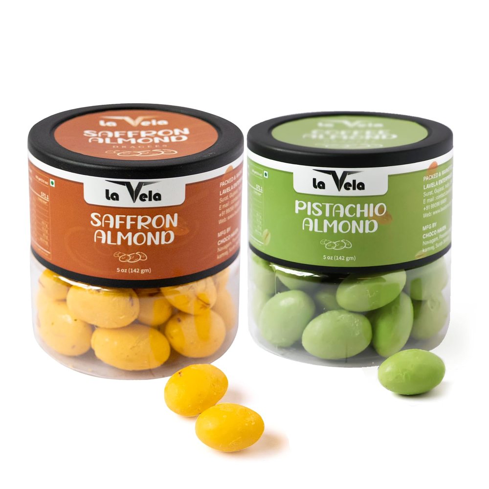 la Vela Dragees | 142g (5oz) Jar | Chocolate Coated Roasted Almonds | Premium Gift Box for Festivals, Birthdays & Special Occasions Combo Pack (284 Gram, Saffron & Pistachios)