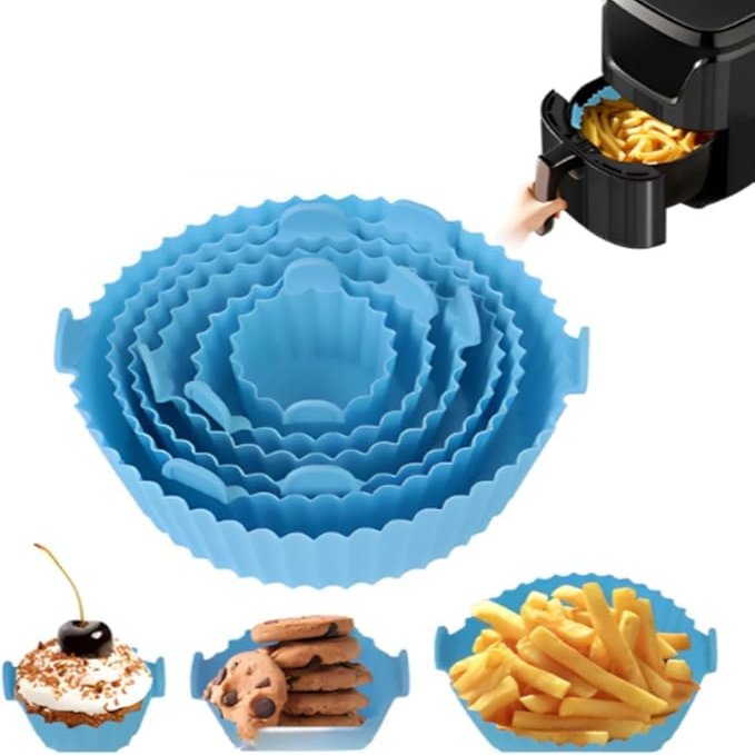 Veemok 6 Pcs Reusable Silicone Air Fryer Liners Non-Stick, Heat-Resistant Round Basket Trays with Handles | Oven & Microwave Safe | Dishwasher Friendly | Multicolor Cooking Accessories Set