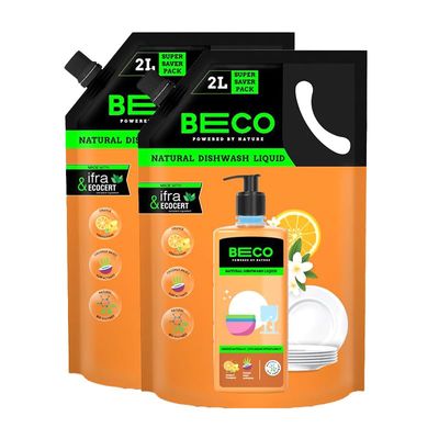 Beco Natural Dishwasher Liquid Refill | 4L - 2 x 2L Pack | Anti-Bacterial Formula | Orange Citrus Freshness | Ecofriendly Dish Washing Liquid Gel | Tough Grease Removal | Leaves No Residue on Utensils