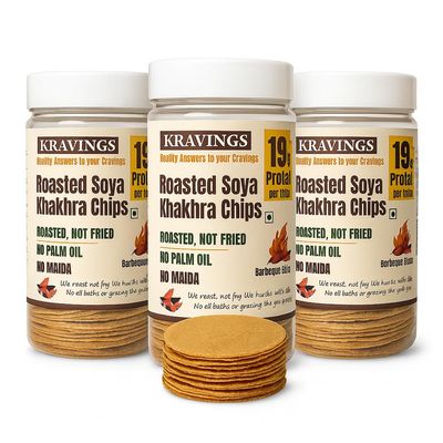Kravings Roasted Barbeque Protein Khakhra Made With Soyabean Flour, 19g Protein per 100g, Plant Protein & Roasted Not Fried Chips, No Palm Oil, Zero Trans Fat & Cholesterol (Barbeque, Pack of 3 & 100g Each)