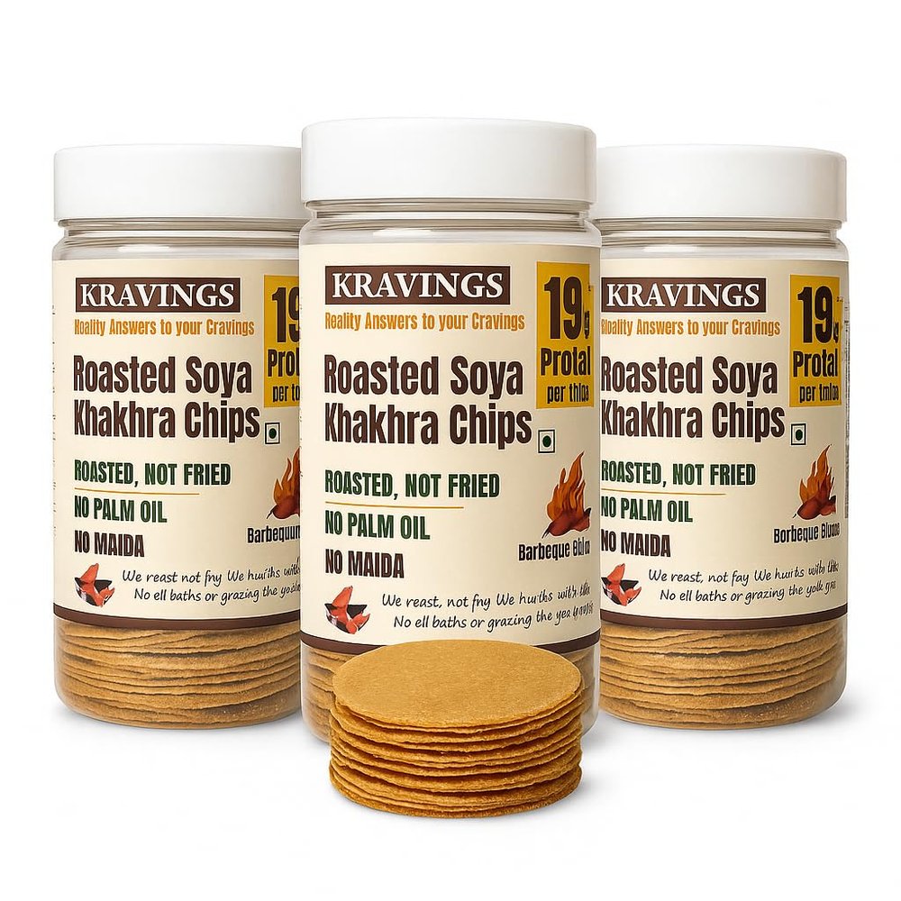 Kravings Roasted Barbeque Protein Khakhra Made With Soyabean Flour, 19g Protein per 100g, Plant Protein & Roasted Not Fried Chips, No Palm Oil, Zero Trans Fat & Cholesterol (Barbeque, Pack of 3 & 100g Each)