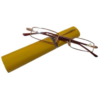 Pen Style Reading Glasses for Men & Women +1.00 to +3.00 Slim Pocket Readers with Aluminum Case & Cleaning Cloth Compact Lightweight Unisex Eyeglasses (Gold, Brown, Grey) (GOLD, 2, Diopters)