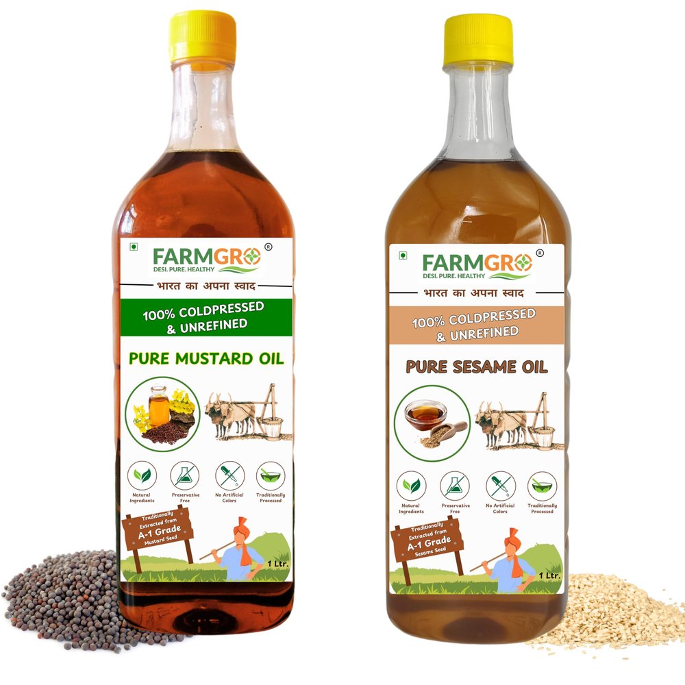 FARMGRO Cold Pressed Mustard & Sesame Oil Combo Pack Mustard & Sesame Oil 1Litre Bottle Each 100% Pure, Natural Cooking Oils