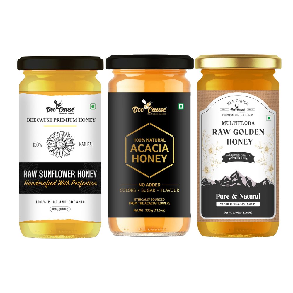 BeeCause Assorted Honey Pack | Pure Multiflora, Acacia & Sunflower Honey | 3 x 330g | 100% Raw, Unprocessed & Ethically Harvested