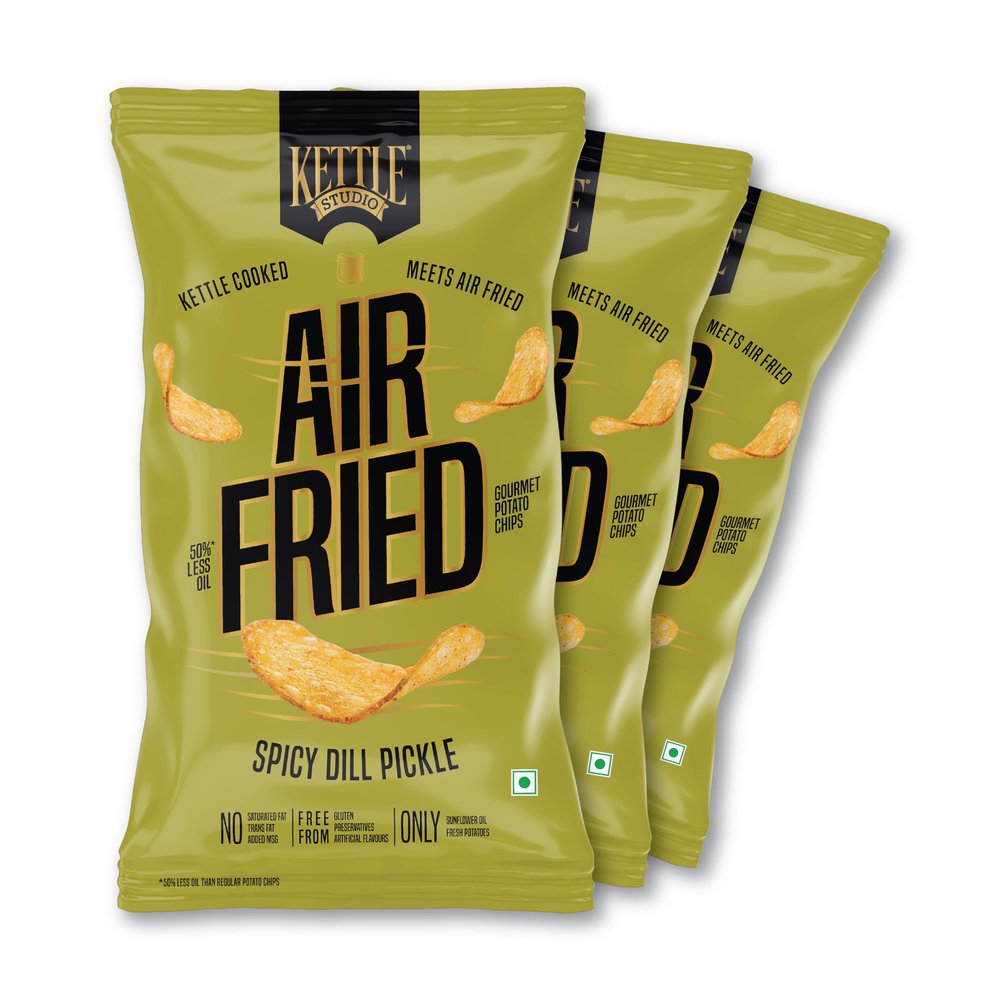 Kettle Studio Air Fried Potato Chips | Spicy Dill Pickle Flavor | Tangy & Spicy Snack | Gluten-Free | Air-Fried |Healthy Chips | 85g x Pack of 3