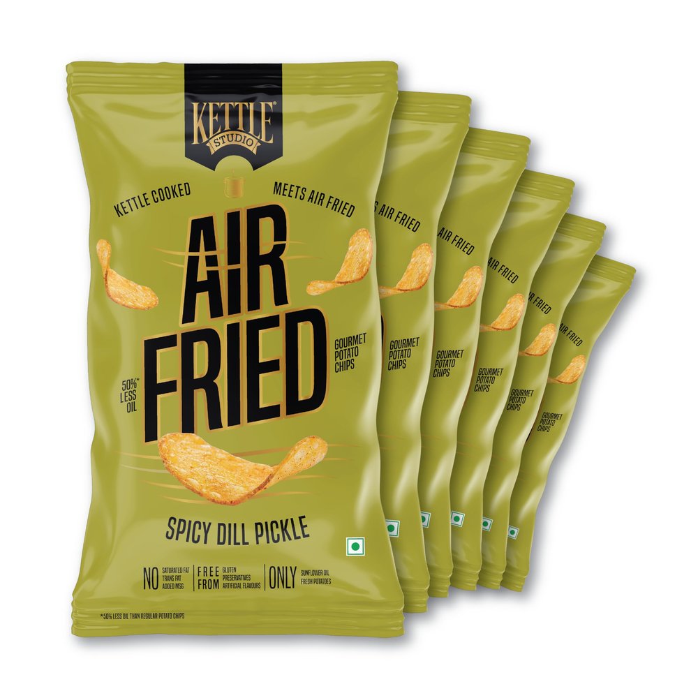 Kettle Studio Air Fried Potato Chips | Spicy Dill Pickle Flavor | Tangy & Spicy Snack | Gluten-Free | Air-Fried |Healthy Chips | 85g x Pack of 6