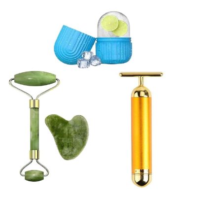2025 Facial Massager Jade Roller & Gua Sha Tool Natural Himalayan Stone For Face Neck Healing Skin Wrinkles & Ice Massager With T Shape Gold Energy Beauty Bar Electric Vibration Facial Massage Combo Offer .