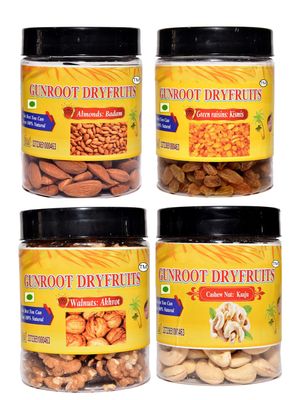 Gunroot Dryfruits Premium Combo Pack, Almonds, Green Raisins, Walnuts, Cashews, 150g Each,total.600g Pack of 4