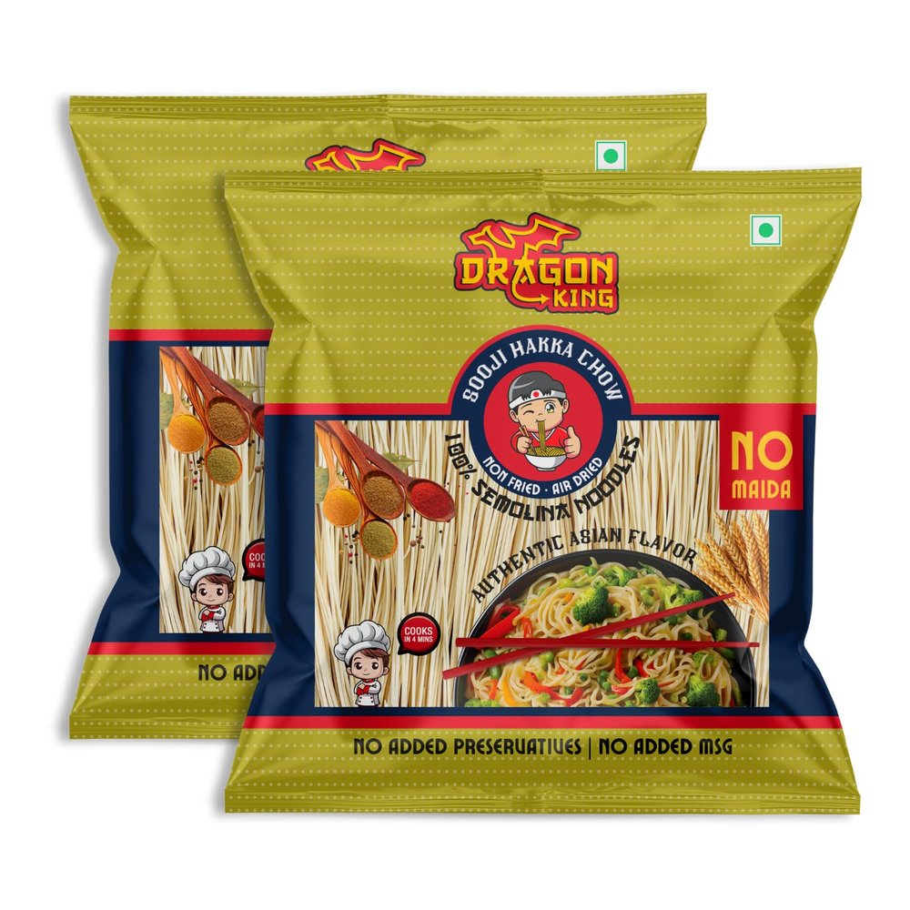 Dragon King 100% Rava/Sooji Hakka Noodles with Masala & Seasoning Oil | No Maida | 100% Semolina | Non Fried, Air Dried | No Palm Oil | No MSG | Serves 8 meals, 640g (Pack of 2)