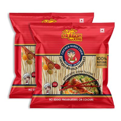 Dragon King Chicken Hakka Noodles with Chicken Masala & Seasoning Oil | Non Fried, Air Dried | No Palm Oil | Serves 8 meals, 640g (Pack of 2)