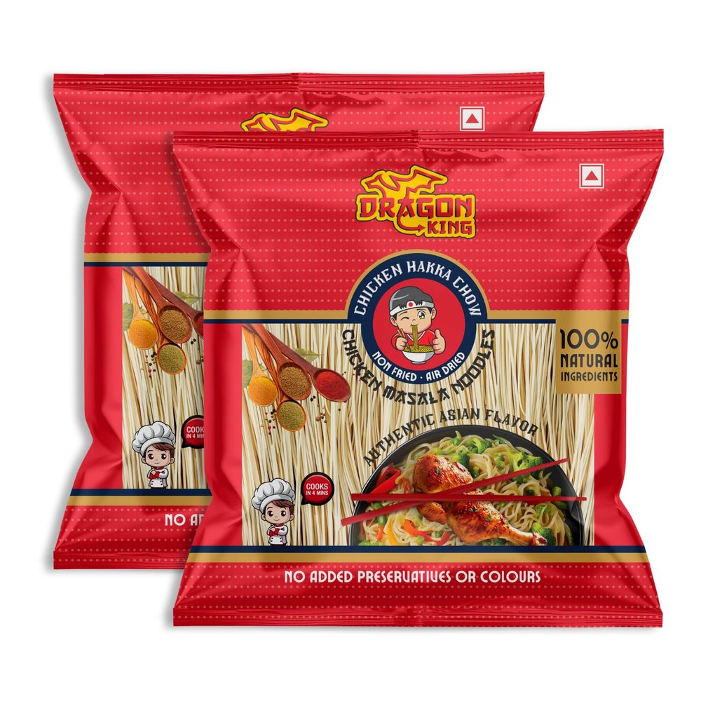 Dragon King Chicken Hakka Noodles with Chicken Masala & Seasoning Oil | Non Fried, Air Dried | No Palm Oil | Serves 8 meals, 640g (Pack of 2)